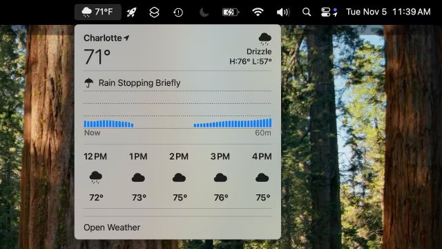 苹果 macOS 15.2 Sequoia 菜单栏引入天气小部件，让你随时掌握气象变化
