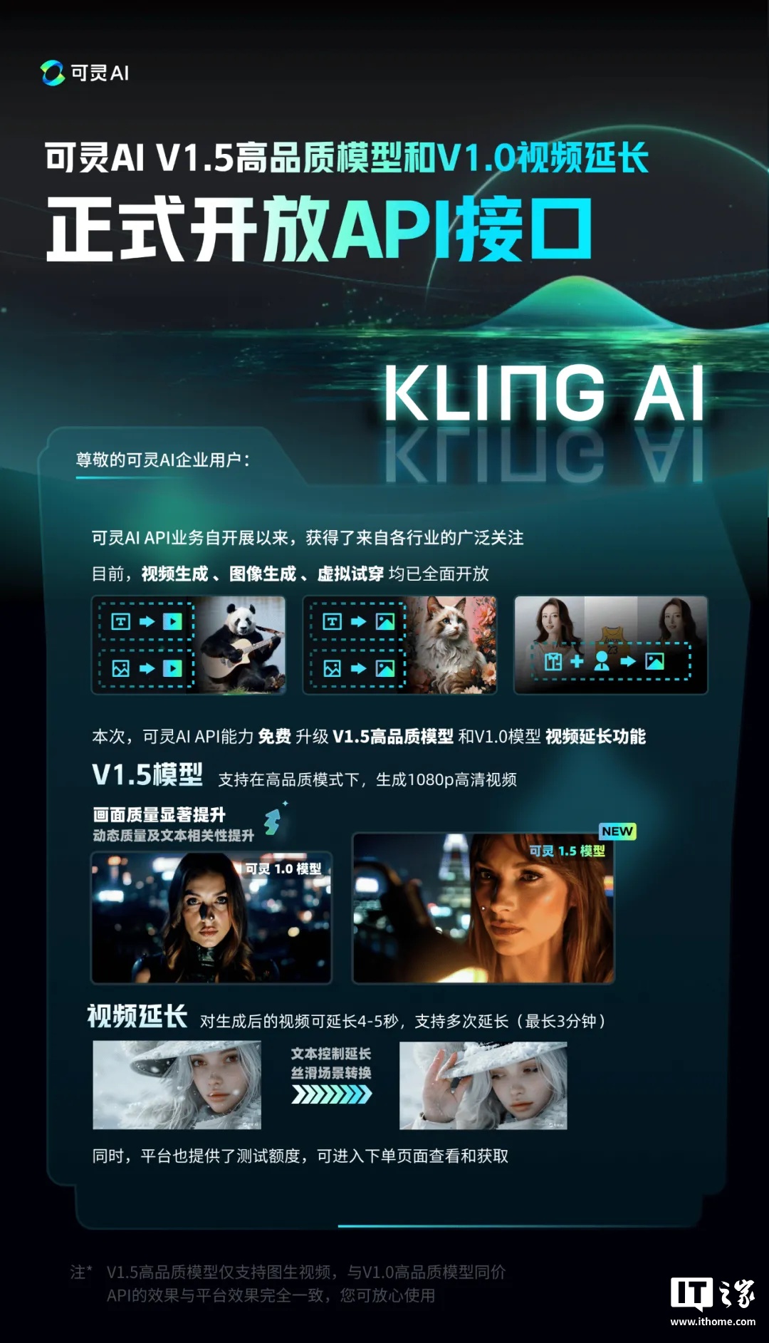 快手可灵 AI API 能力升级：支持 V1.5 输出 1080P 高清视频、开放 V1.0 视频延长功能
