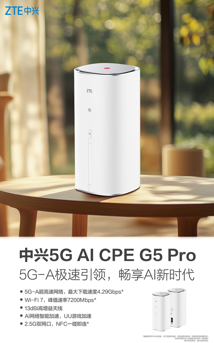 中兴 5G AI CPE G5 Pro 首销：2.5G 双网口、 WAN / LAN 自适应，1999 元