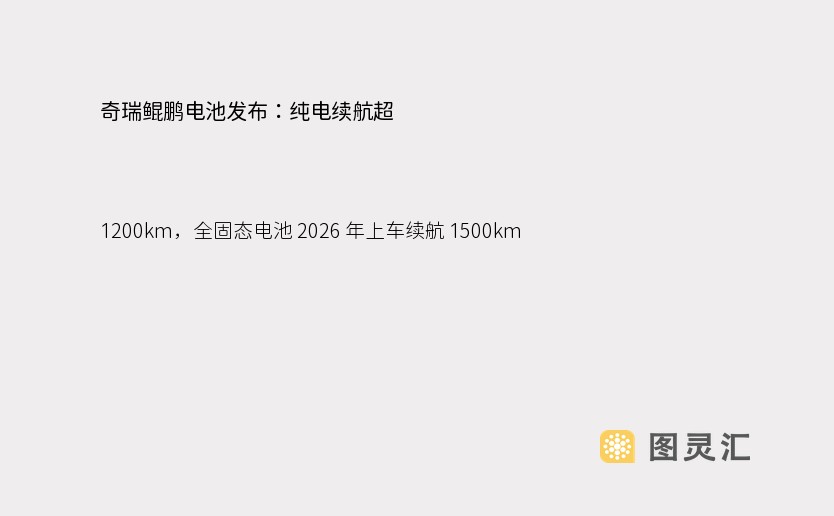 奇瑞鲲鹏电池发布：纯电续航超 1200km，全固态电池 2026 年上车续航 1500km